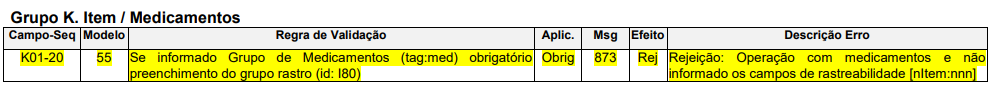 1 Regra de Validação Rejeição 873