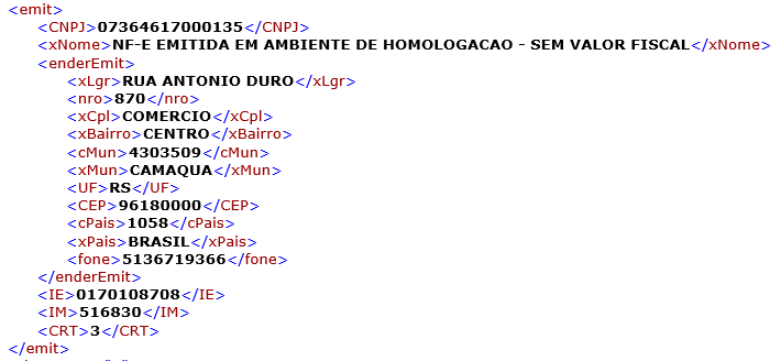 exemplo de xml para configurar os dados da empresa na impressão da NFCe