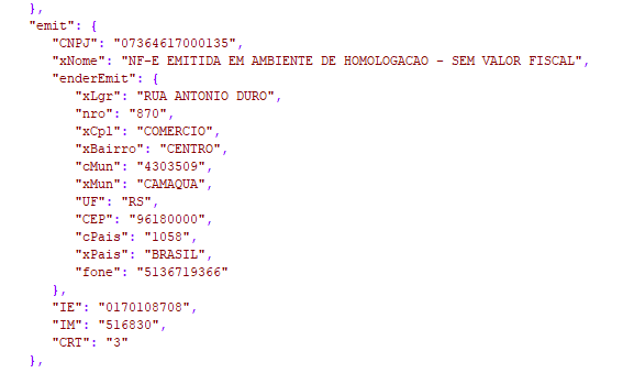 exemplo de json para configurar os dados da empresa na impressão da NFCe