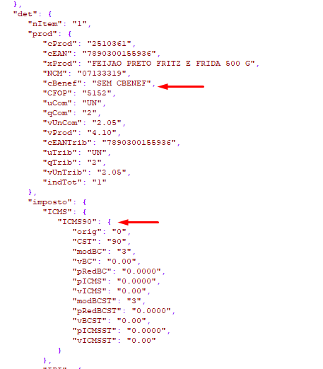 exemplo json da rejeição 930 sem cbenef