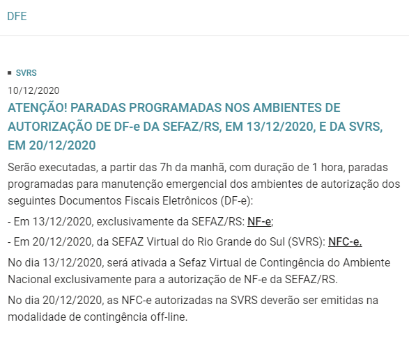 aviso site parada programada da sefaz rs