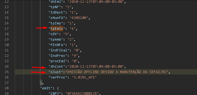 exemplo json emissão na parada programada em Ambiente Nacional da NFe